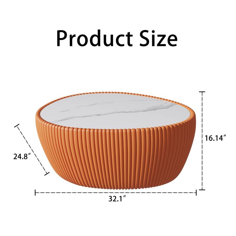 Modern Drum Coffee Table, Goose Egg Shape Coffee Table with Marble Top & Pu Frame, Luxury Center Side Table for Small Space