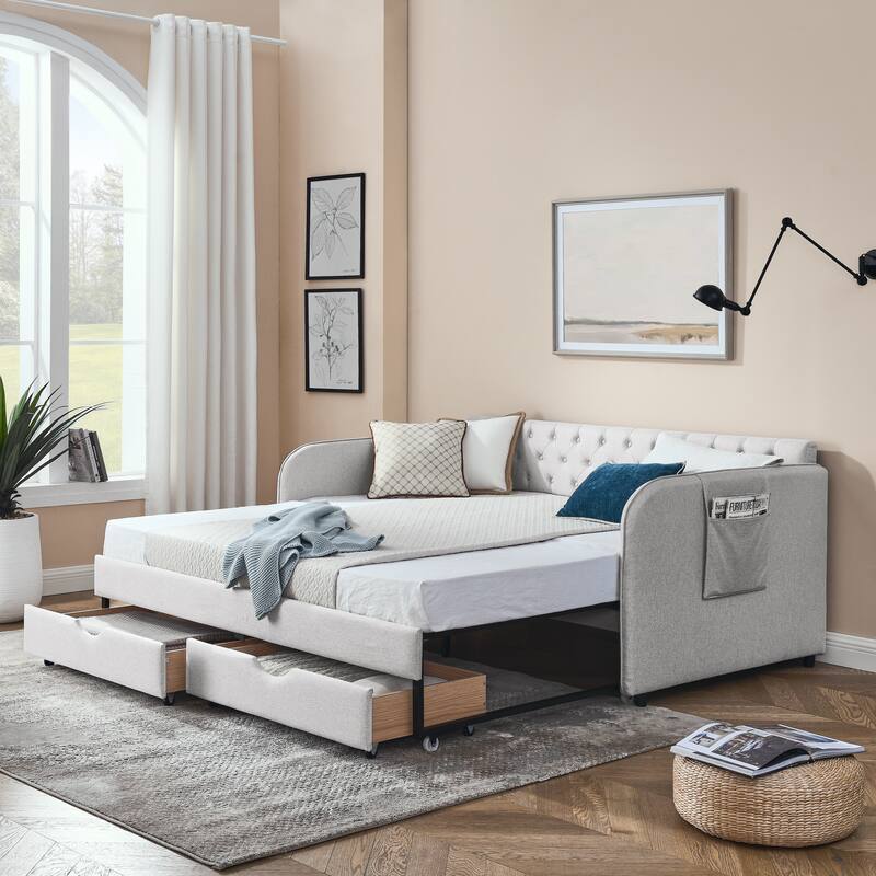 Twin Size Upholstery Daybed with Sofa Bed and Two Storage Drawers,Flat Arms with Pocket,Extendable Daybed for Living Room - Beige