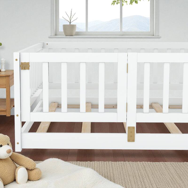 Twin/Full Montessori Floor Bed with Slats, Fence and Door, Wood Low Kids Bed for Girls and Boys, No Box Spring Needed