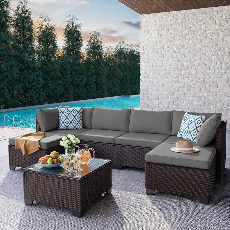 7 Piece Patio Furniture Set, All-Weather PE Rattan Outdoor Conversation Sofa Set with Waterproof Cushions & Coffee Table