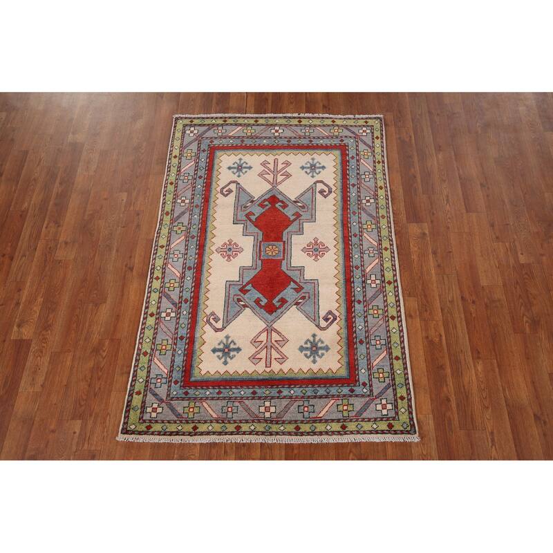 Ivory Geometric Kazak Oriental Foyer Rug Handmade Wool Carpet - 3'3" x 4'11"