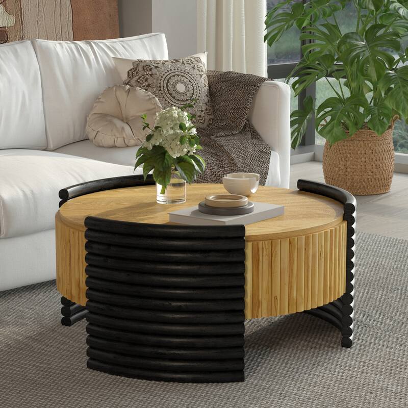 31.5" Flip Top Coffee Table with Striped Design & Hidden Storage