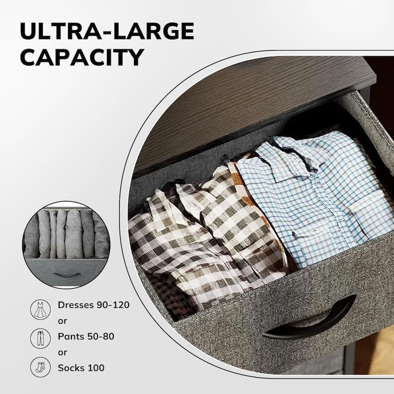 Dresser for Bedroom with 9 Drawers, Anti-Tip Tall Fabric Chests Storage Organizer Tower Furniture with Wooden Top Metal Frame
