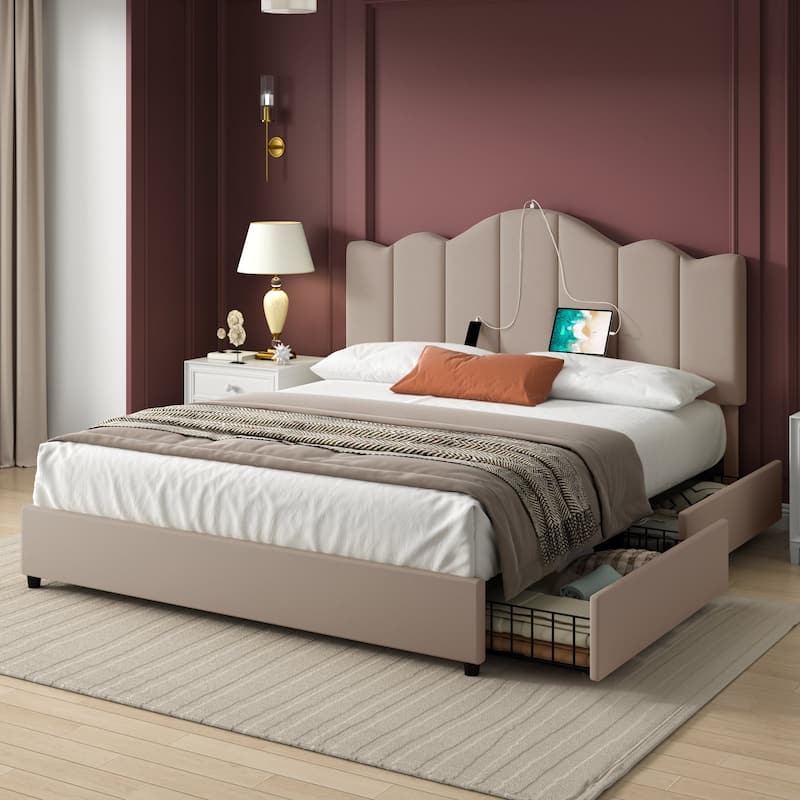 VECELO Upholstered Storage Bed Frames with Charging Stations and 4 Rolling Drawers on Both Sides Vertical Stripe Design - Beige - Queen