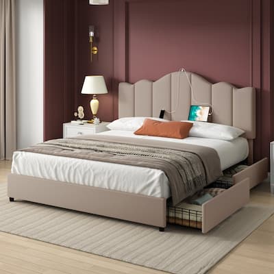 VECELO Upholstered Storage Bed Frames with Charging Stations and 4 Rolling Drawers on Both Sides Vertical Stripe Design