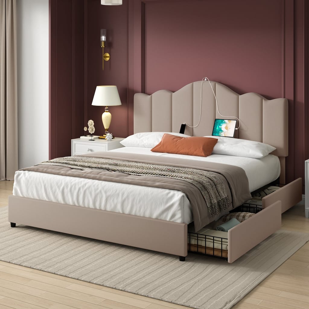VECELO Upholstered Storage Bed Frames with Charging Stations and 4 Rolling Drawers on Both Sides Vertical Stripe Design