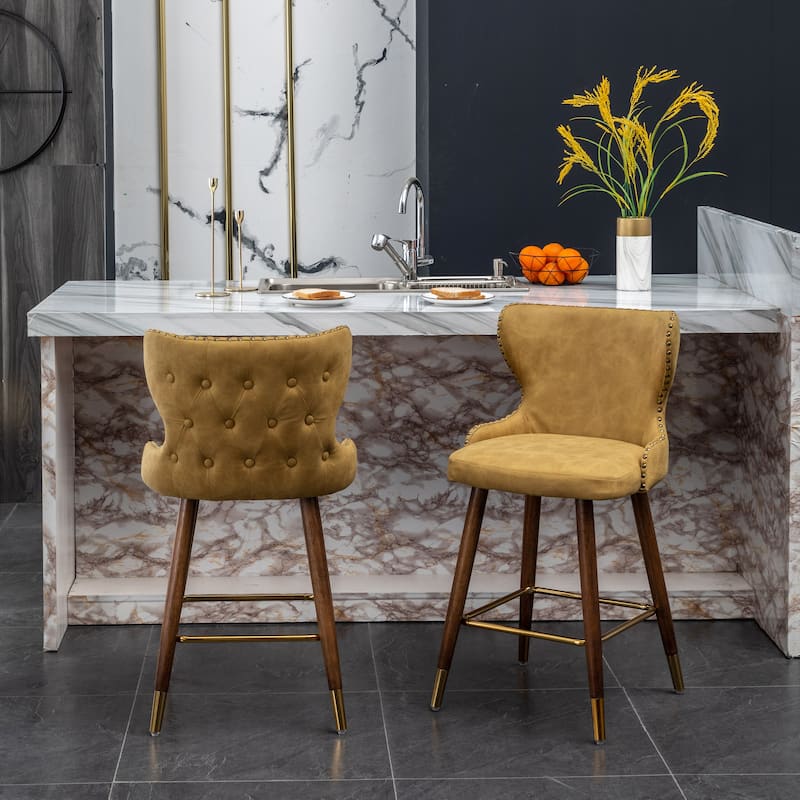 Mid-century Faux Leather Bar Stool Set of 2, Tufted Backrest Nailhead Trim Bar Height Chair w/Footrest for Kitchen, Dining Room - Yellow