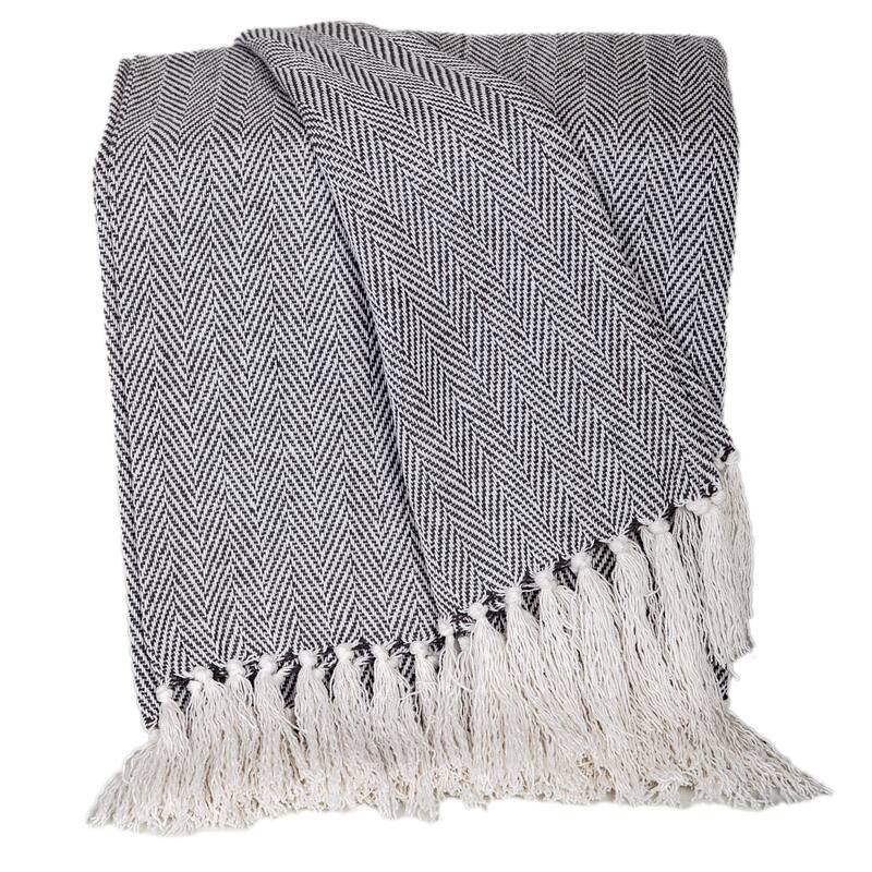 HomeRoots 52" X 67" Gray and Ivory Woven Cotton Herringbone Throw Blanket with Fringe