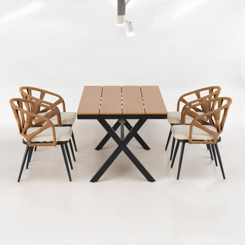 5-Piece Outdoor Dining Set with Plastic Wood Table & HDPE Chairs – Outdoor Set Iron Frame, Weather-Resistant, Seats 4