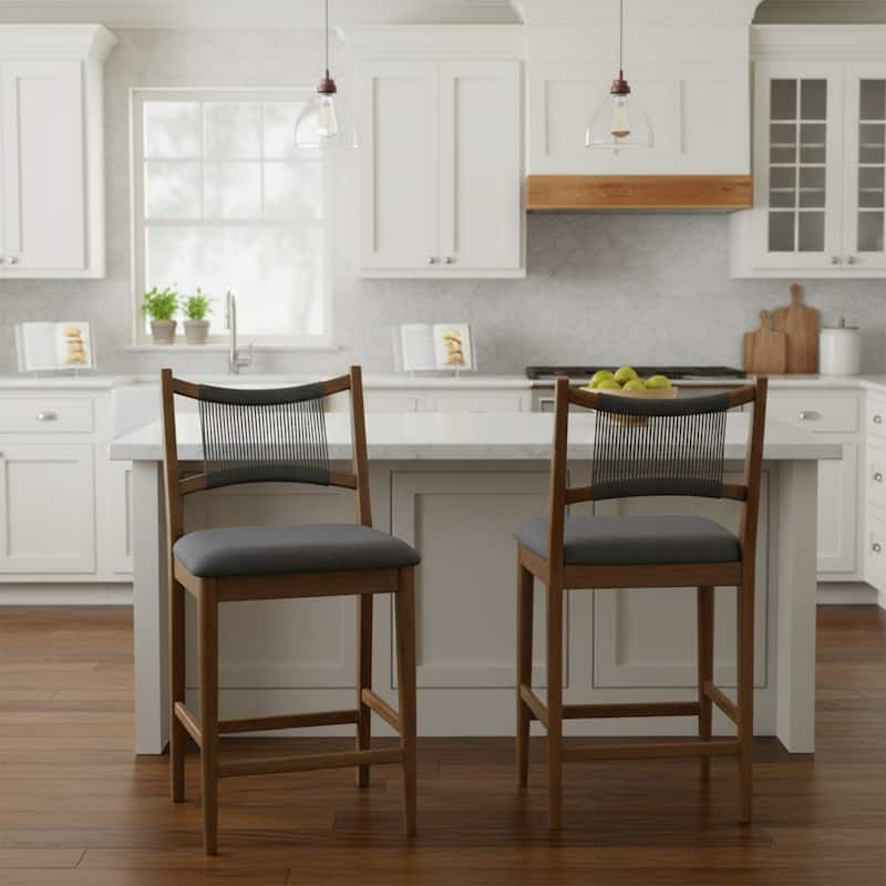 Christopher Knight Home - Arno Mid-Century Modern Upholstered Counter Stool with Rope Back and Solid Wood Frame Set - 21"W