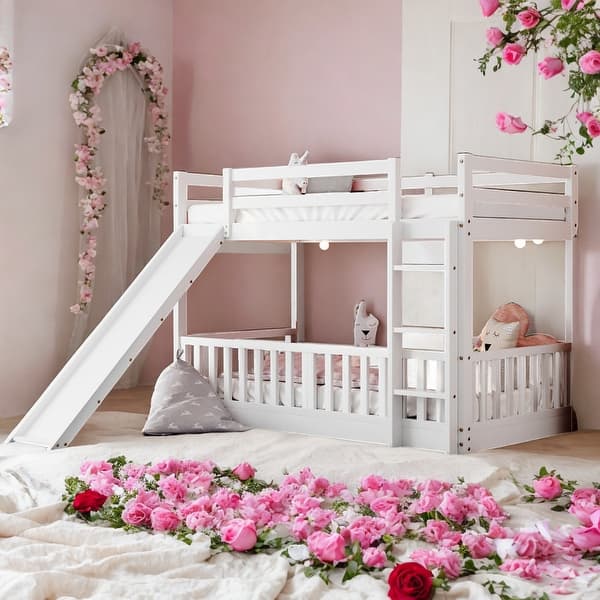 slide 2 of 49, Twin Over Twin Bunk Bed With Convertible Slide and Ladder for Bedroom White
