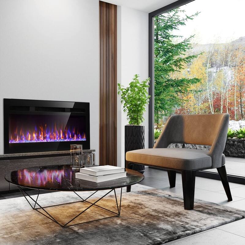 Recessed Wall-mounted Electric Fireplace with Remote Control, 16 Flame Colors and Timer