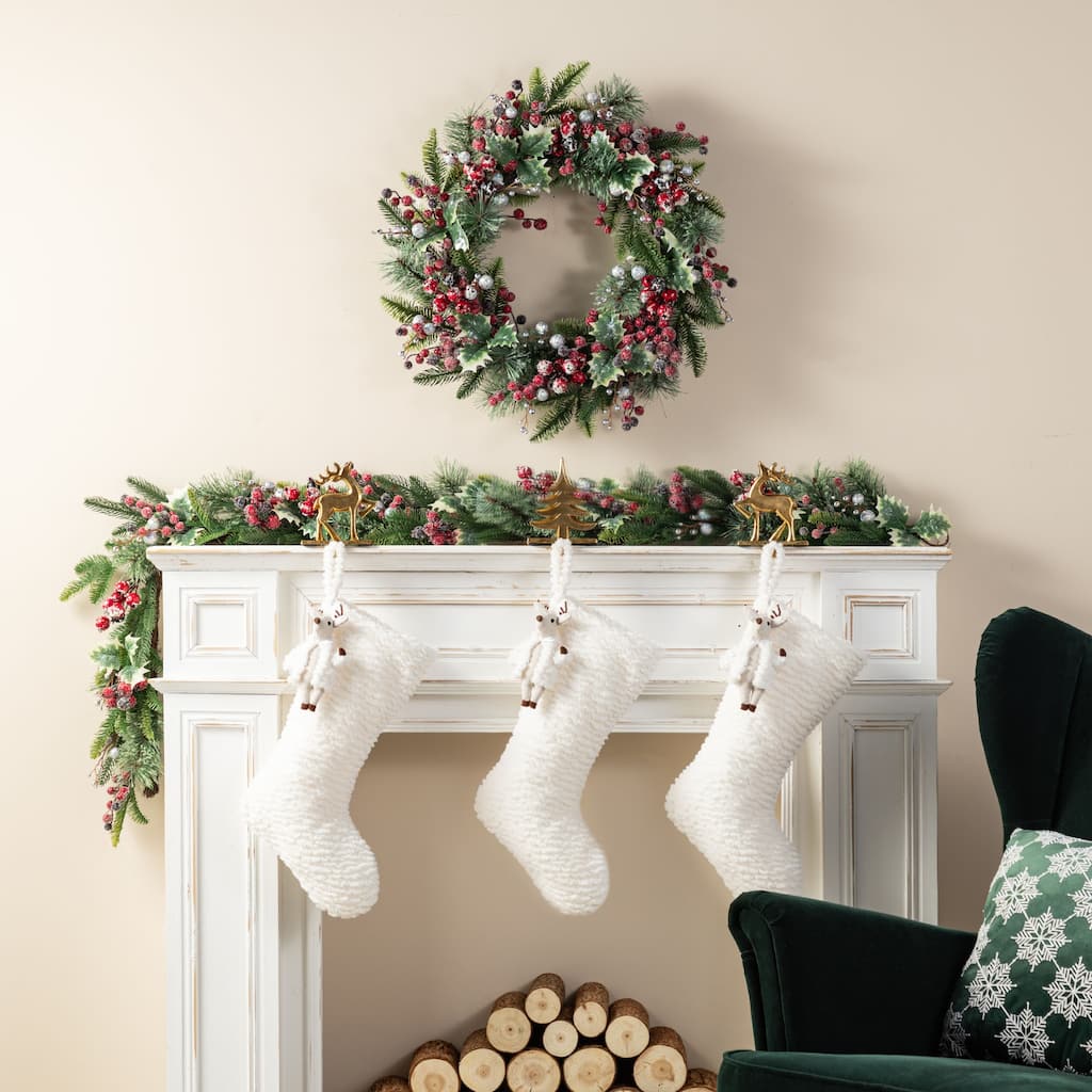 Glitzhome 21"L White Plush Christmas Stocking with Complimentary Reindeer Ornament