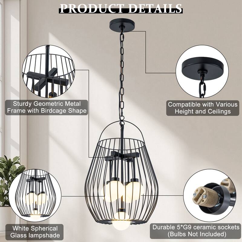 5-Light Birdcage Pendant Light with Opal Glass Globe Shades - Dia.13-in