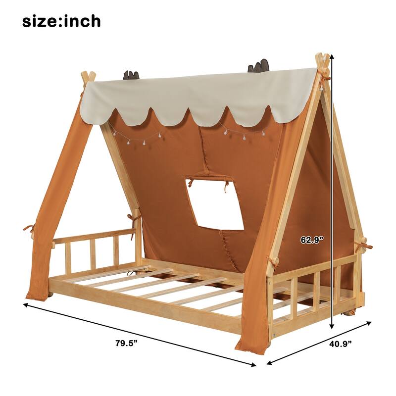 Deer Antler Accents House Bed Tent with Light and Roll-Up Curtain Skylight, Low Platform Bed with Detachable Tent and Roof