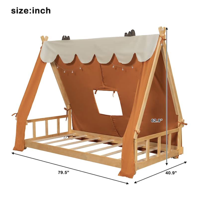 Twin/Full House Bed with Detachable Tent and Skylight, Kids Cabin Bed with Canopy, Light, and Forest-Themed Accents