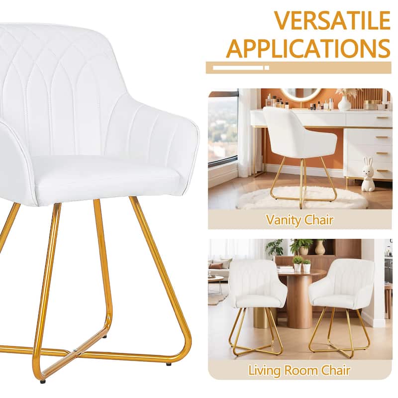 VECELO White Mid-Century Modern Accent Chair PU Leather Vanity Chair with Gold Cross Legs and Wide Armrests for Living Room