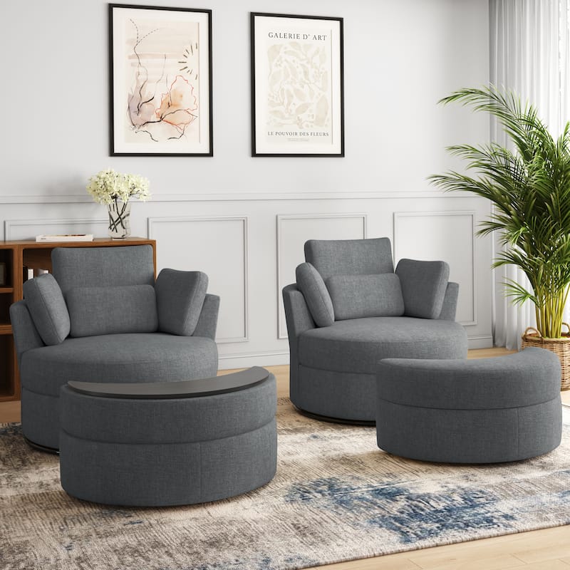 Upholstered Barrel Swivel Chairs with Moon Ottoman (Set of 2)