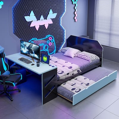 Full Daybed with Trundle, Wood Daybed with Built-in Desk and USB Charging Station, Twin Trundle Bed with Storage