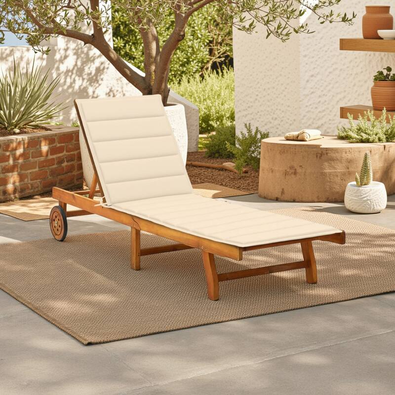Kaye Outdoor Sun Lounger, 79 Inch Brown Acacia Wood, Cream Polyester