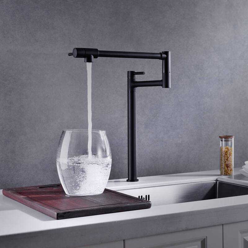 Kitchen Pot Filler Faucet Deck Mounted Double Joints Free Rotating Modern Countertop Retractable Commercial Single Hole Tap - Matte Black