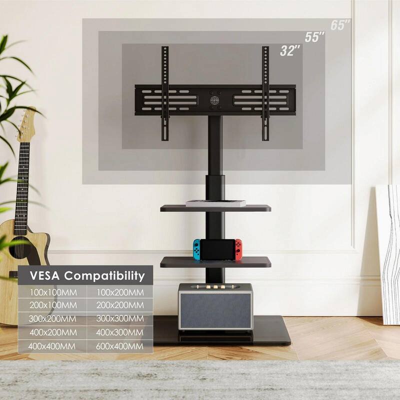 FITUEYES Tempered Glass Base Floor TV Stand for 32-65 inch TVs with Two Shelves