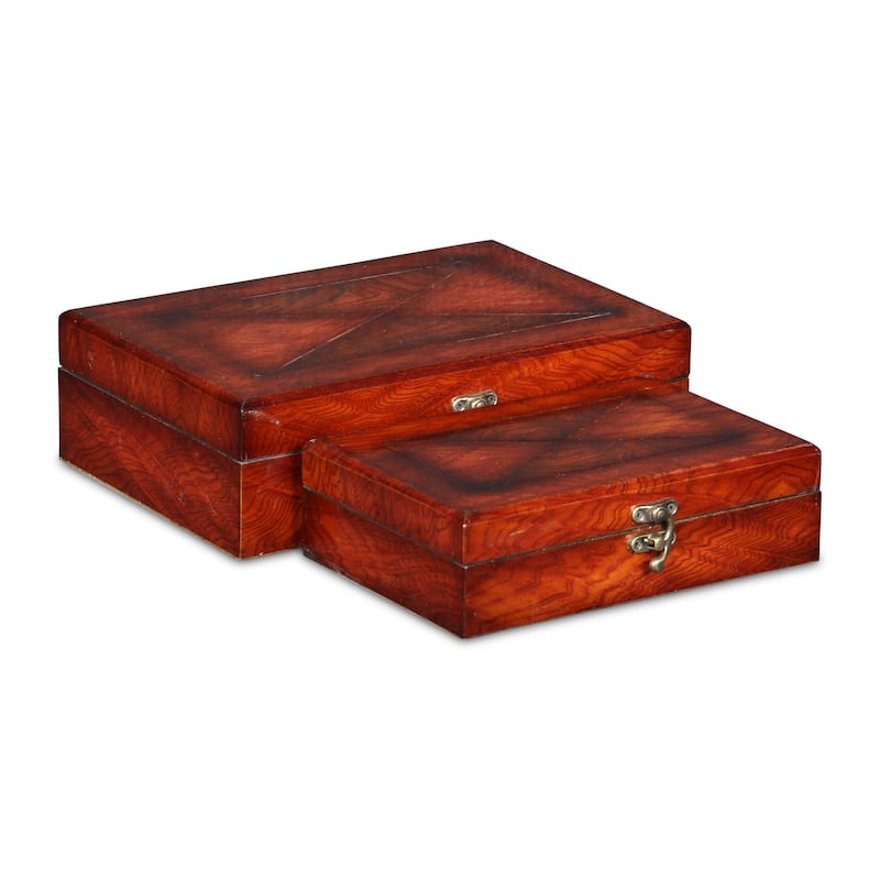 Brown Wooden Burlwood Veneer X Design Storage Boxes (Set of 2)