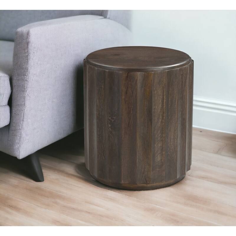 HomeRoots 23" Brown Distressed Solid Wood Round Scalloped Drum End Table - Brown - Wood