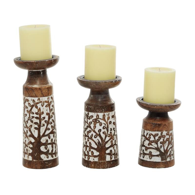 Mango Wood Handmade Carved Pillar Decorative Candle Holder - Set of 3 Light Brown or Brown - Roche River Decor - Brown - 10", 8", 6"H