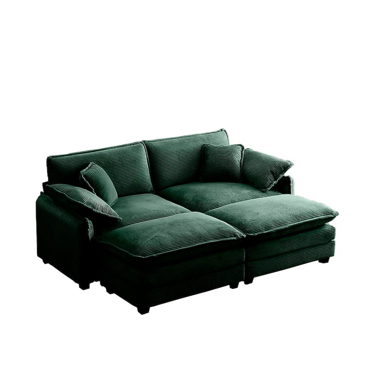 Green 4-Piece Corduroy Modular Sleeper Sectional Sofa, 2 Removable Ottomans & 4 Pillows