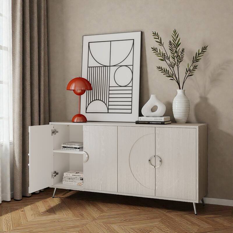 Modern Champagne Silver Lacquered 4-Door Sideboard Buffet with Adjustable Shelves, Engineered Wood Storage Cabinet