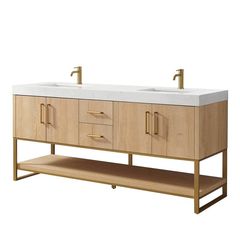 Kolkata Bathroom Vanity in Weathered Oak without Mirror - 72" - Golden Hardware