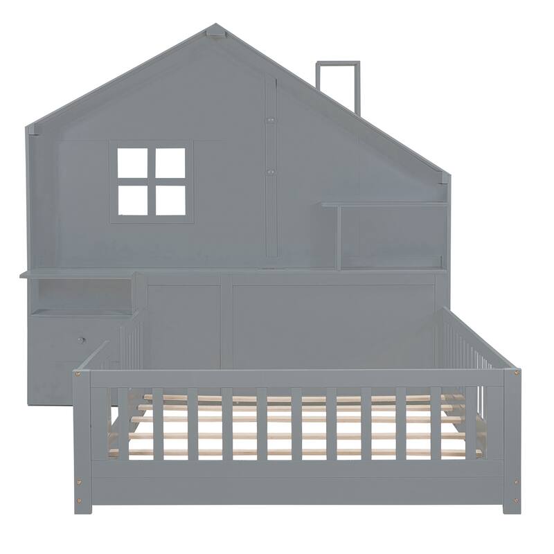 Full Size House Platform Bed with Window and Bedside Drawers, Shelves and A Set of Sockets and Usb Port