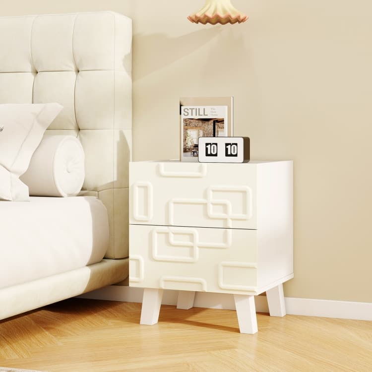 White Nightstand with 3D Geometric Drawer, 2 Drawers and Modern Design