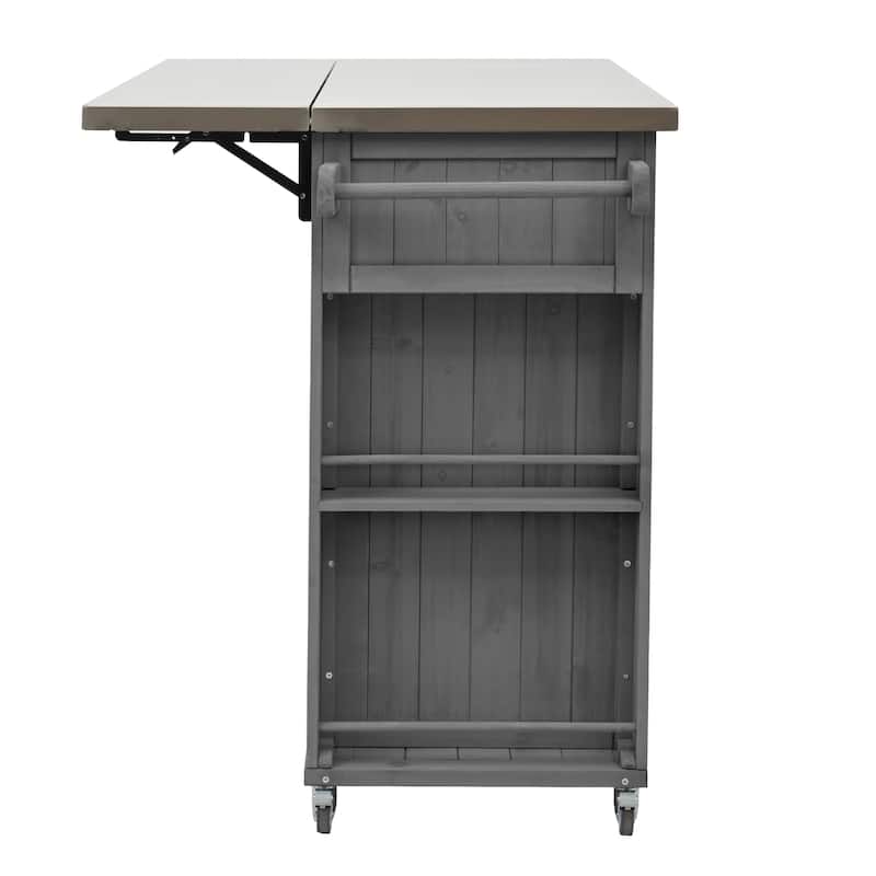 Outdoor Kitchen Island with Foldable Stainless Steel Top & Bottle Opener, Fir Wood Kitchen Island with Shelves and Towel Racks