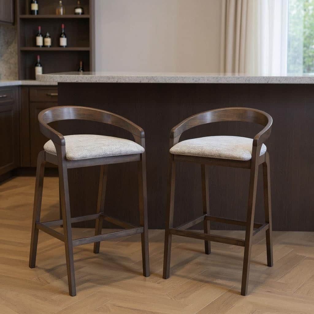 HomeRoots Set of Two 31" Gray and Espresso Fabric and Solid Wood Low Back Bar Height Bar Chairs