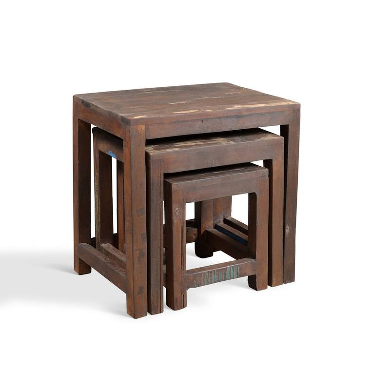 Handmade Old Reclaimed Wood Nesting Tables, Set of 3 (India) - 20" x 16" x 24"