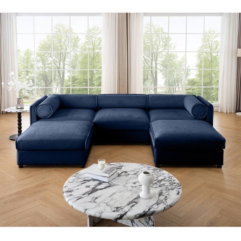 GDFStudio - Larkspur Chenille 3-Seater Sofa With Dual Ottoman - Blue