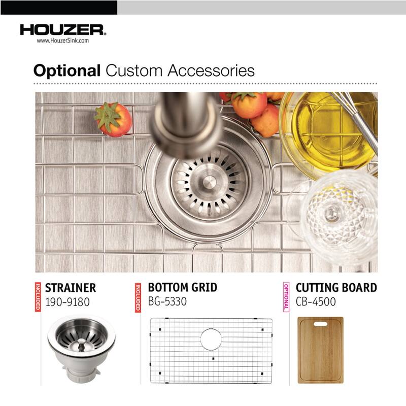 Houzer Epicure Stainless Steel Apron Front Single Bowl Kitchen Sink with Strainer & Grid - 33 Inch
