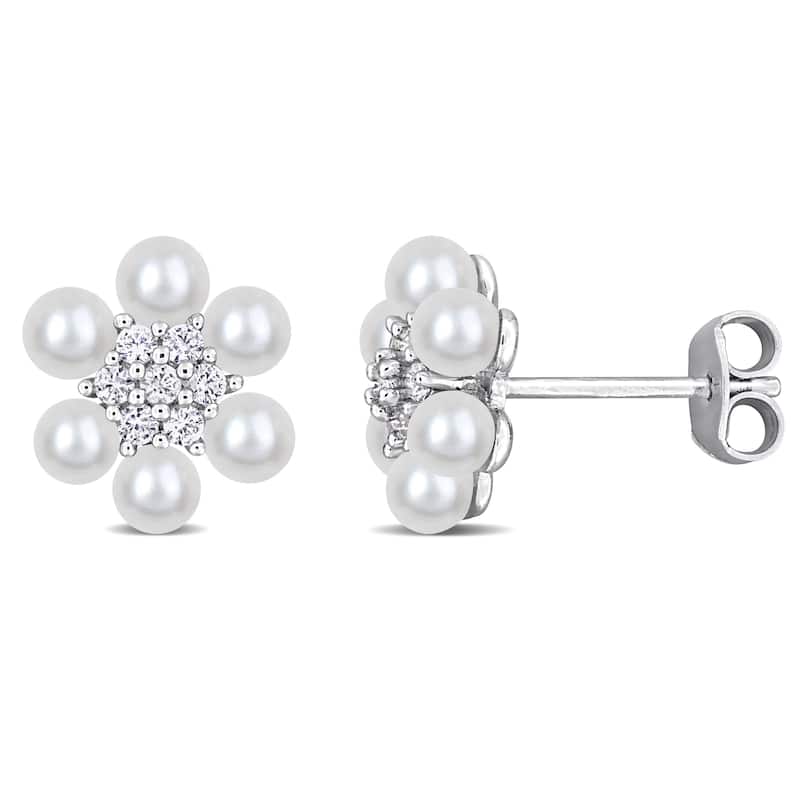 Miadora Cultured Freshwater Pearl 1/3ct TGW Created White Sapphire Earrings Sterling Silver