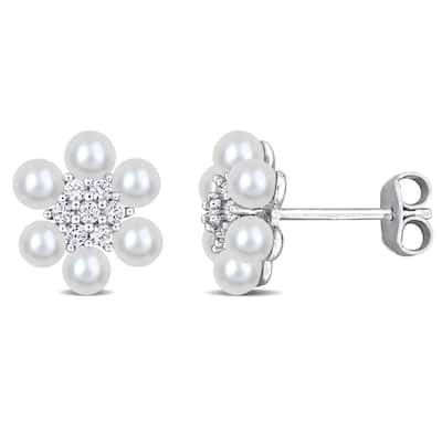 Miadora Cultured Freshwater Pearl 1/3ct TGW Created White Sapphire Earrings Sterling Silver
