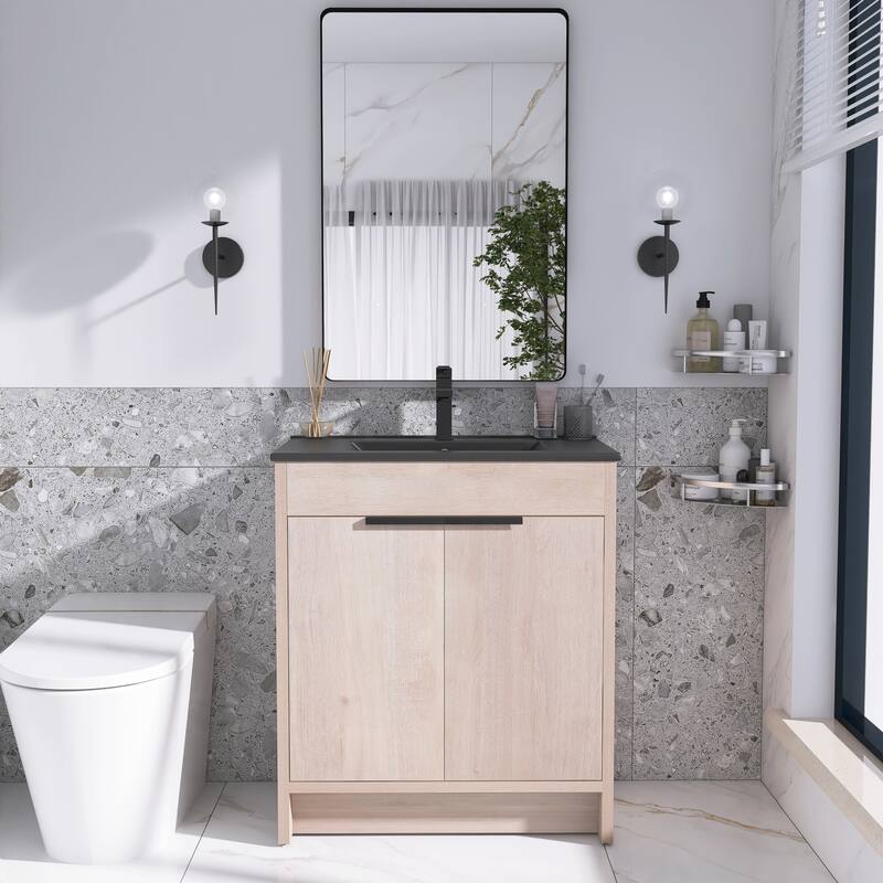 Freestanding Plywood Bathroom Vanity Set in Plain Light Oak with Integrated Sink - 30" x 18" x 34" - Plain Light Oak with Black Ceramic Top