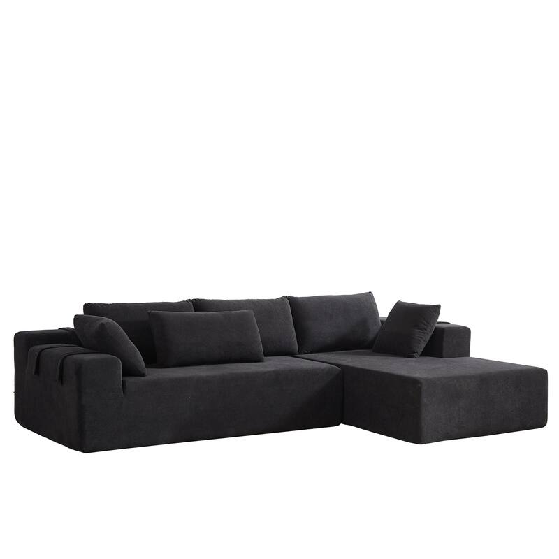 Chenille Upholstered Sectional Daybed Modular Sleeper Couch L Shape Sofa with Chaise Lounge & 6 Pillows for Living Room Loveseat