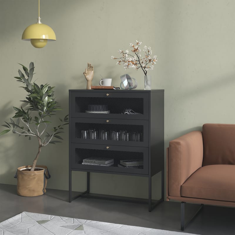 Bentley 41.34-inch Black Three Drawer Metal Cabinet with Mesh Doors - 41.34