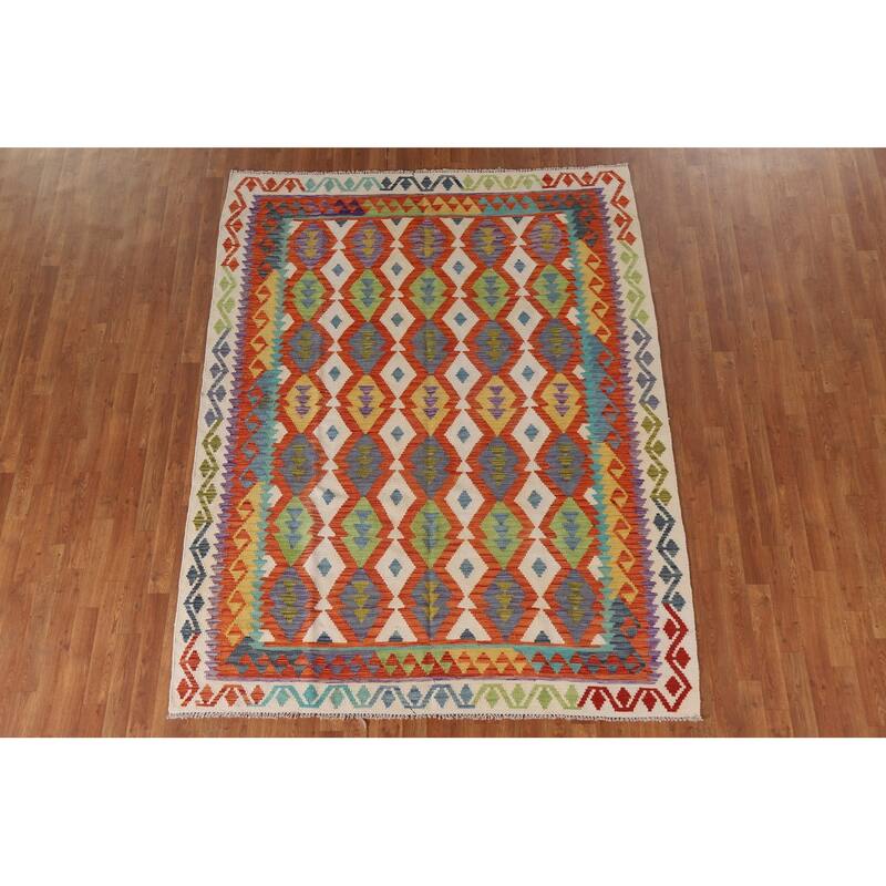 Geometric Kilim Oriental Rug Wool Carpet - 6'2"x 8'1"