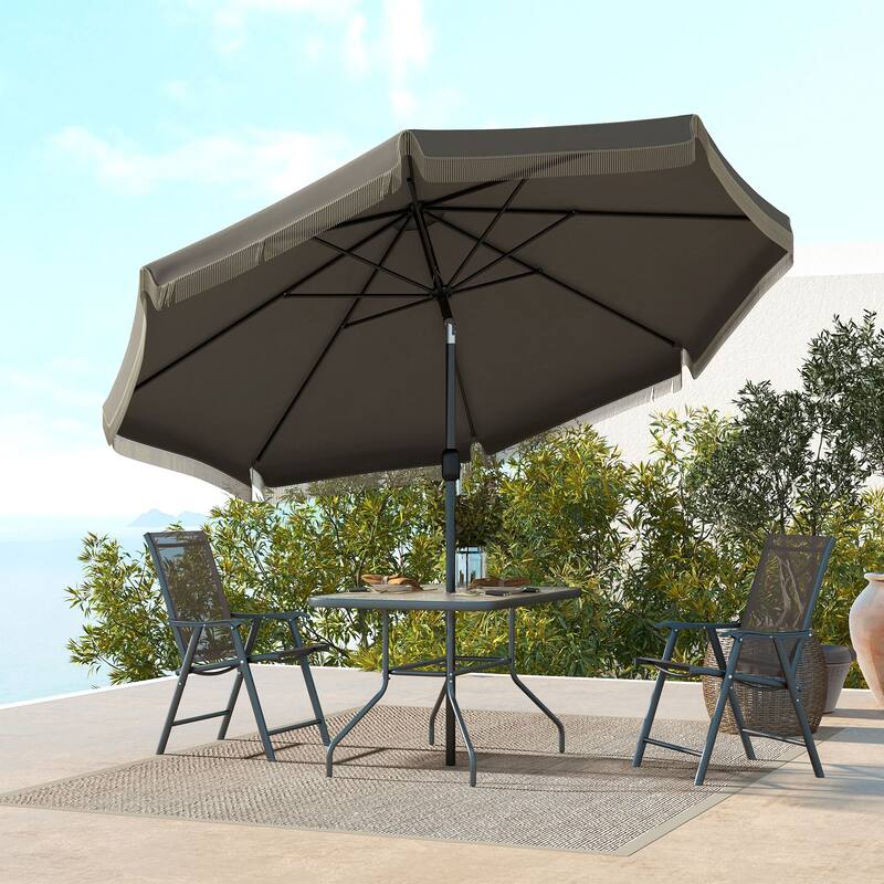 Patio Parasol Outdoor Table Umbrella with Button Tilt Crank Tassels and 8 Ribs for Garden Deck Pool, Dark Gray