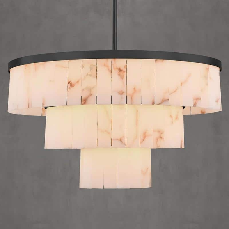 Elegant layered alabaster chandelier with natural stone panels
