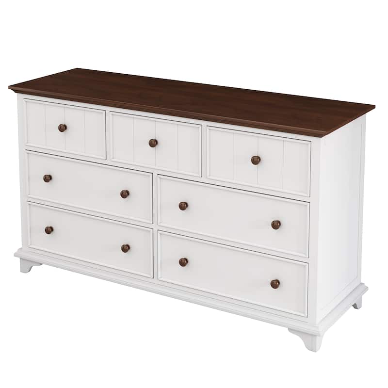 7 Drawer Dresser, Wooden Captain Dresser for Bedroom,Dresser Organizer Chest of Drawers for Nursery,Baby(White+Walnut)