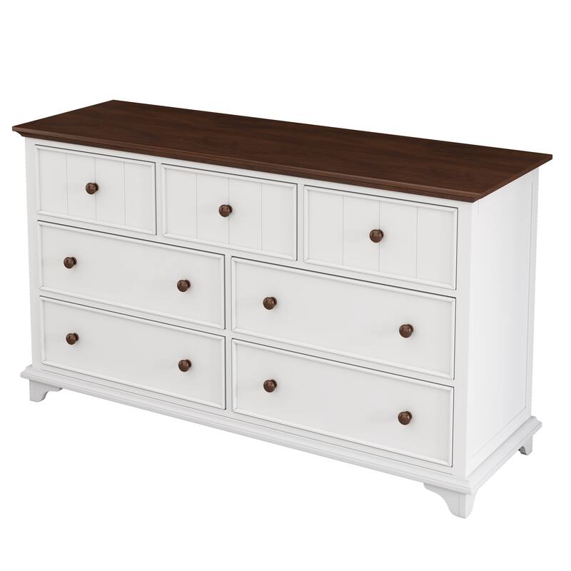 Roomfitters Wooden Captain Seven-Drawer Dresser, Stylish Storage for Bedroom, Living Room, Kids' Room, White and Walnut