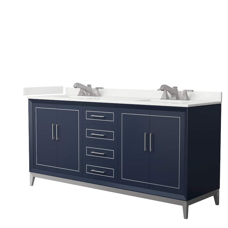 Marlena 72-inch Double Vanity, Quartz Top - Dark Blue, Nickel Trim, White Quartz Top